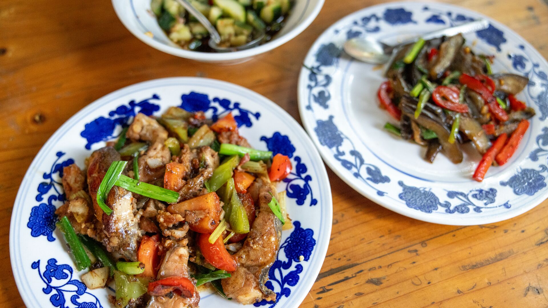 Two dishes of chicken and vegetables on blue and white plates on a table in China. 
