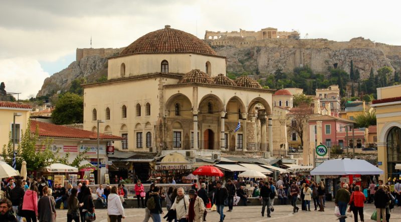 The busy Monastiraki Square in Athens, Greece