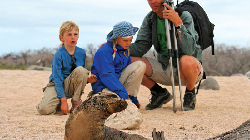 Family watching sea lions in the Galapagos