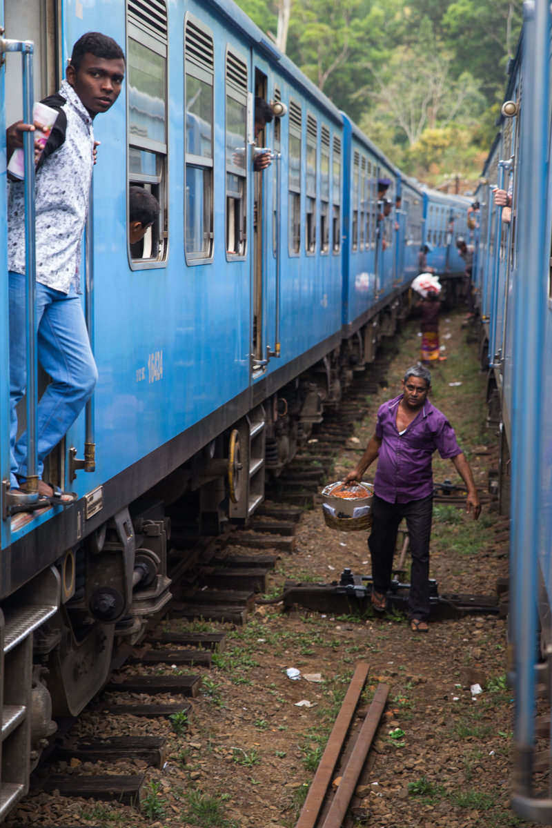 Passengers watch out of the train's doors and windows. 