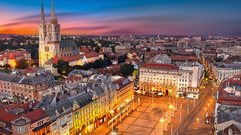 Zagreb's center and cathedral during sunset