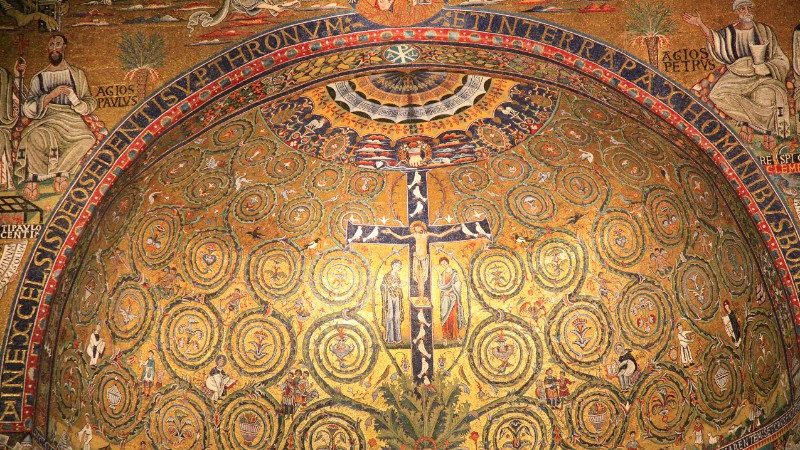 The ornate ceiling at the Basilica of St Clement