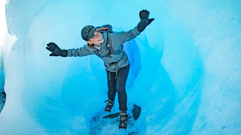 Lauren explores a glacier in Patagonia