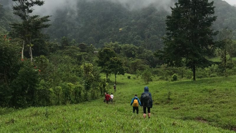 A group of hikers trek through farmland in Costa Rica