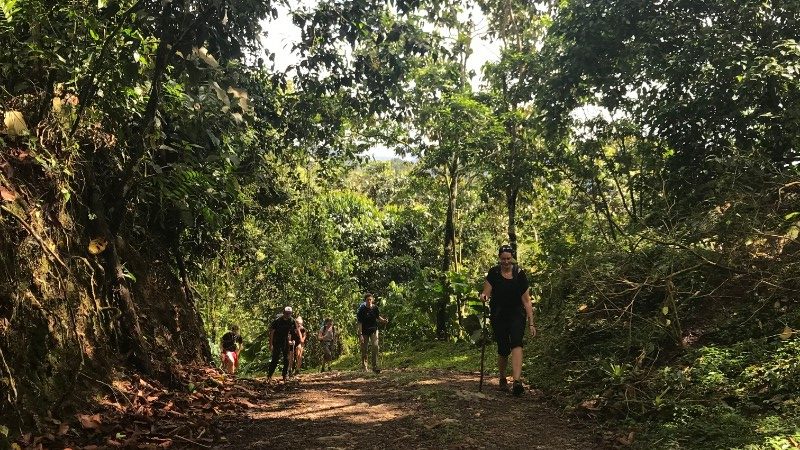 Hikers walk along a dirt road in Costa Rica