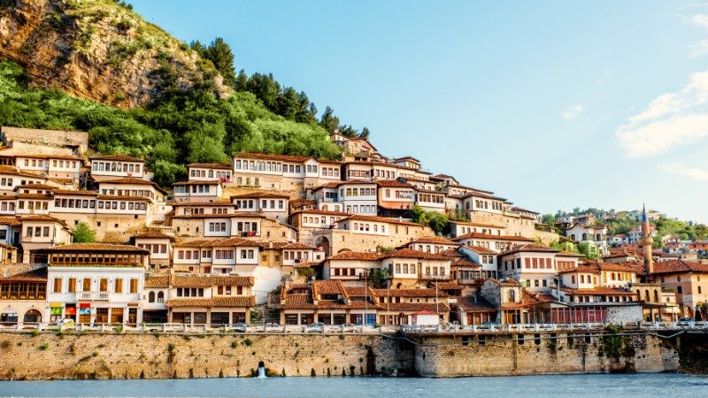 A small village on the side of a mountain in Berat, Albania