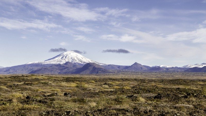 Hekla volcano, covered in snow, in Iceland