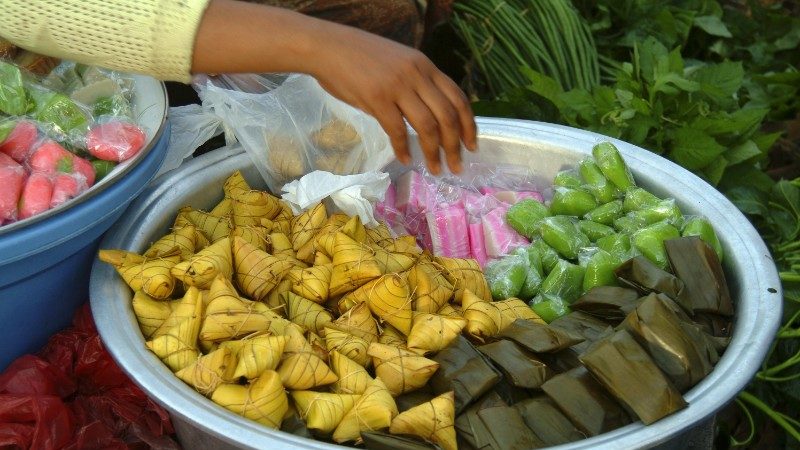 A bowl of food at a market in Indonesia