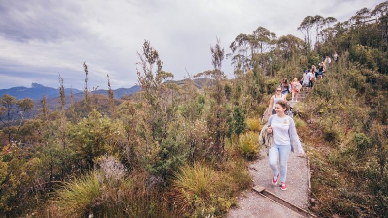 Travellers hiking to Donaghys Lookout, Tasmania