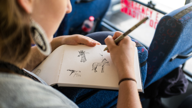 A traveller sketches wild animals in Africa