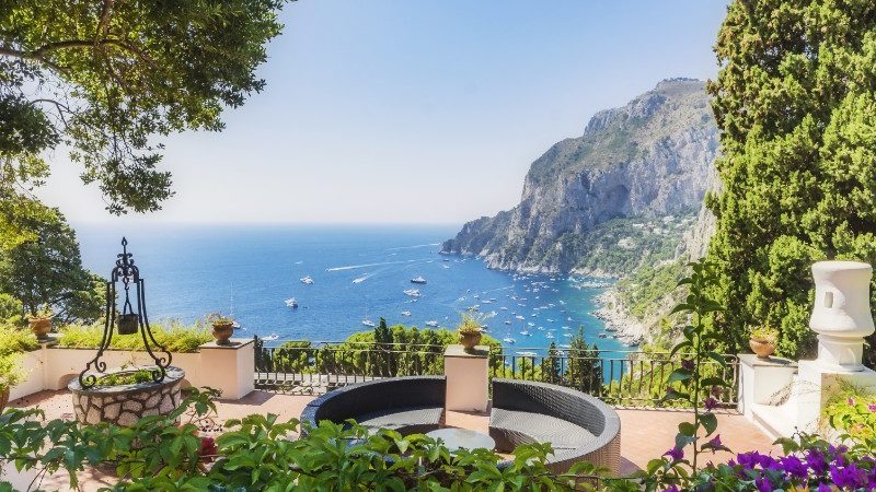 Fountain and gardens in Capri, Italy