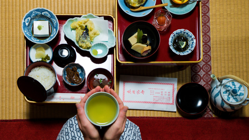 A flat-lay of traditional Japanese breakfast