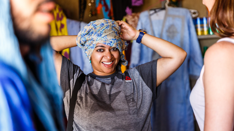 A female traveller wearing a headscarf in Morocco