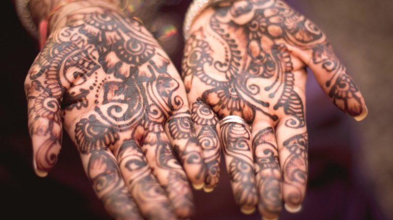 Hands painted with henna