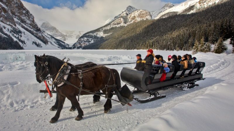 Travellers on a sleigh ride at Lake Louise
