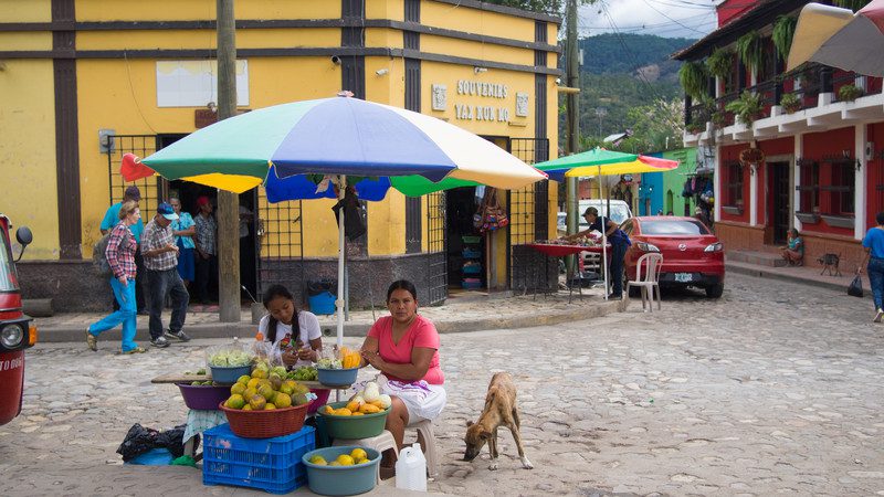 Two women sitting at a fruit stall in a local street in Honduras