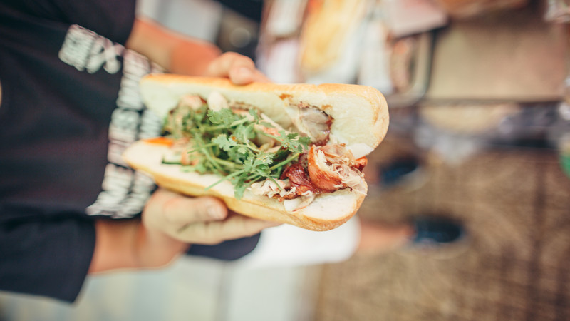 Person holding Vietnamese banh mi sandwich