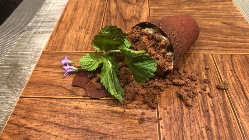 A dessert shaped like a flowerpot at a restaurant in Russia