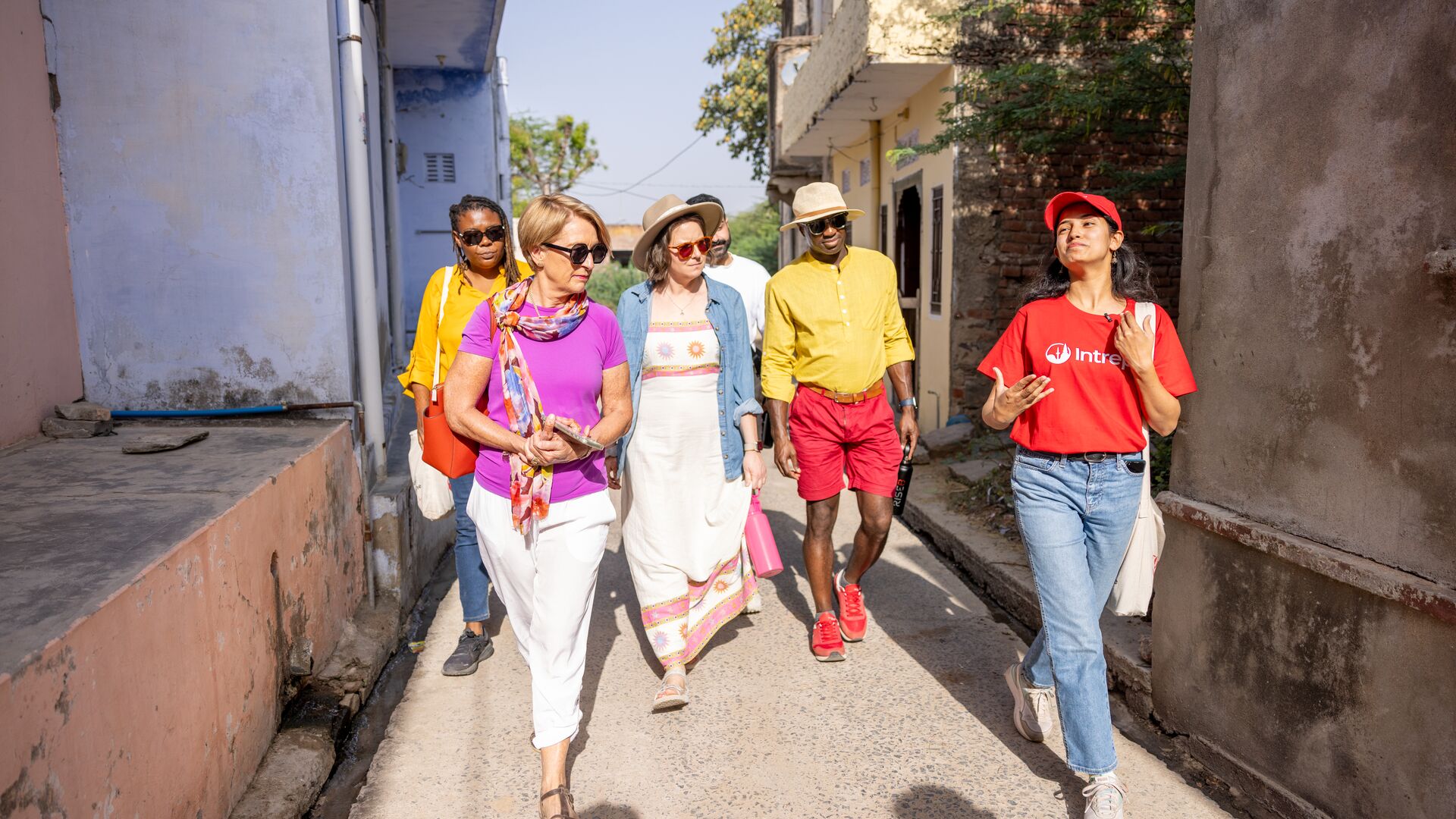 An Intrepid group exploring India with a local guide. 