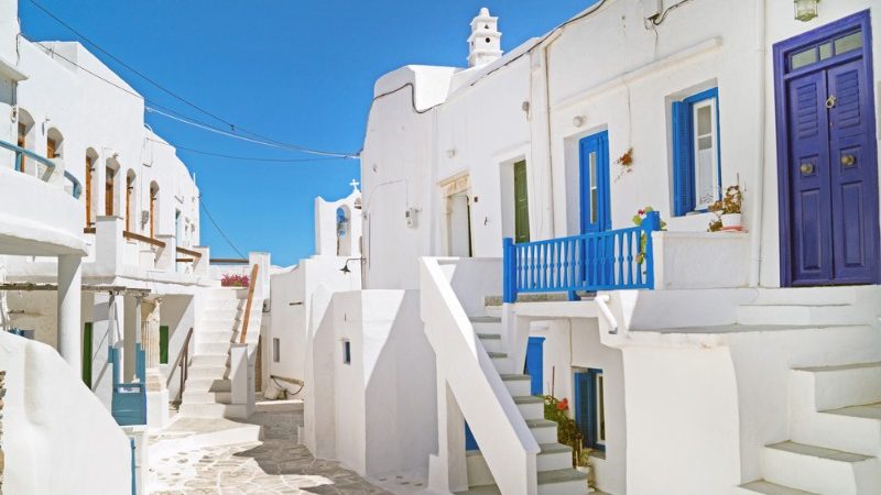 Whitewashed houses with blue doors in Greece