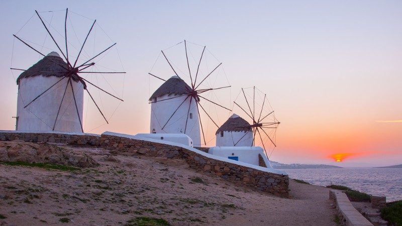 Windmills on Mykonos at sunset