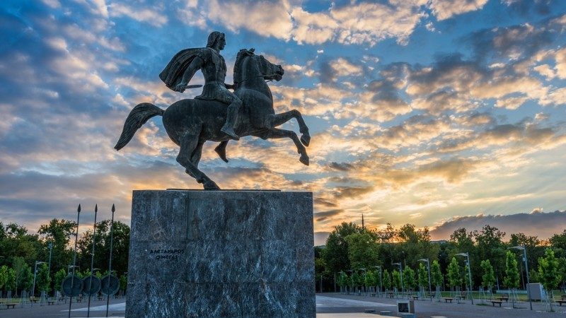 Statue of Alexander the Great at sunrise in Thessaloniki