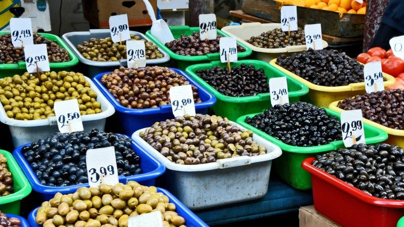 Trays of olives at the market