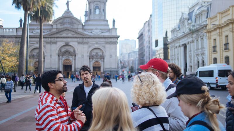 A group of travellers on a walking tour in Santiago, Chile