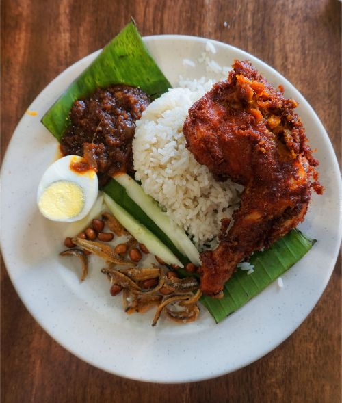 Plate filled with rice, curry and egg in Malaysia