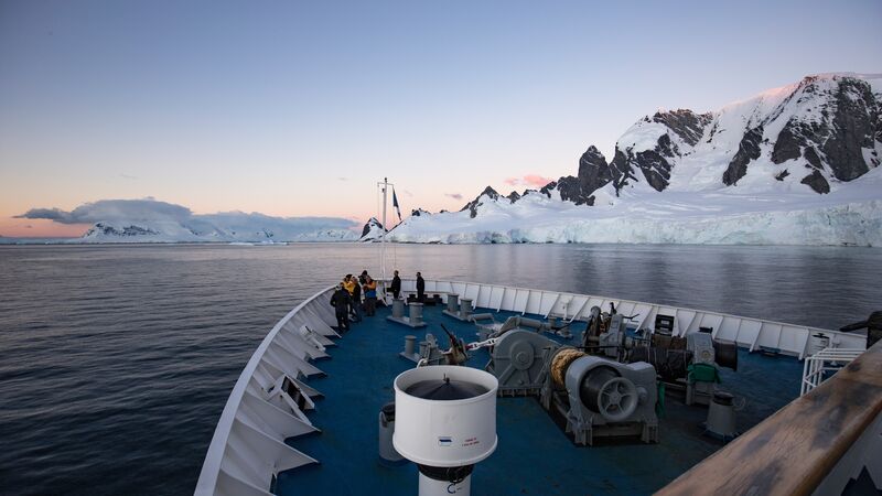 Overlooking snow-covered islands from the boat