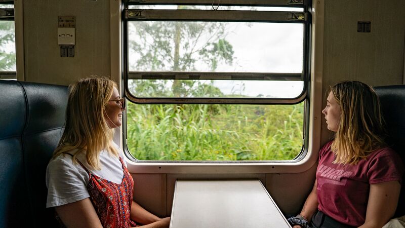 Two travellers looking out a window on a train