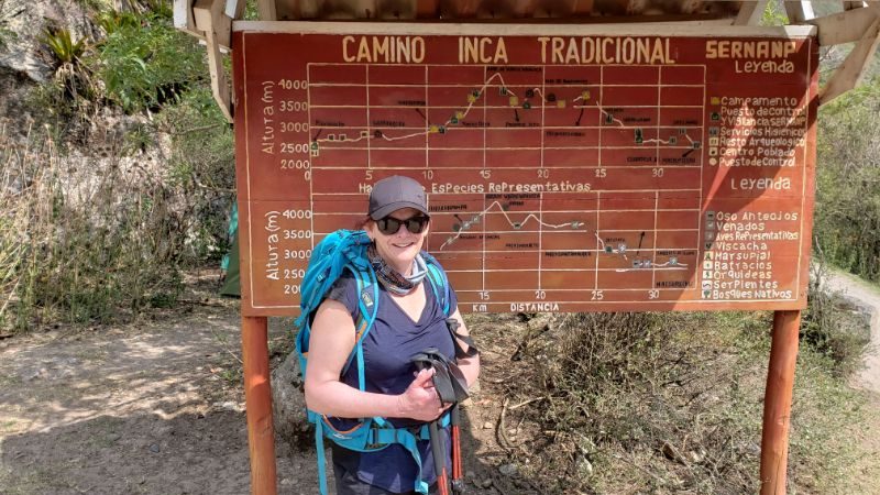 A traveller in front of a map of the Inca Trail