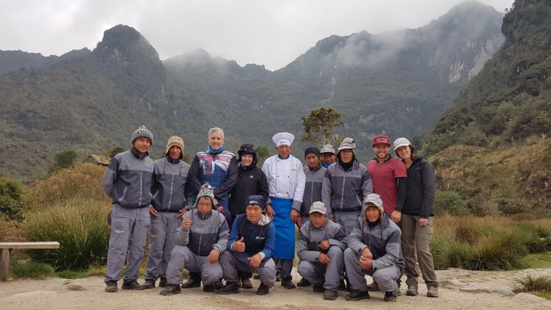 A group of travellers and porters on the Inca Trail