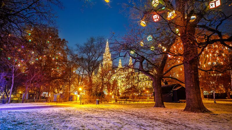 Vienna town hall park decorated with Christmas lights/