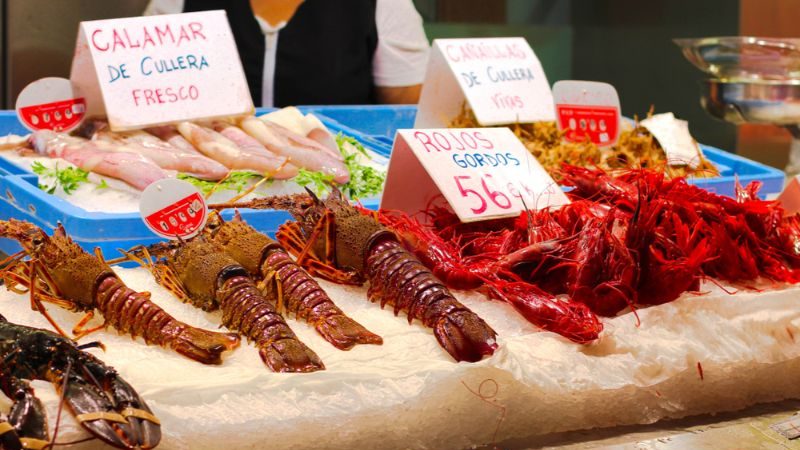 A market stall filled with fresh seafood