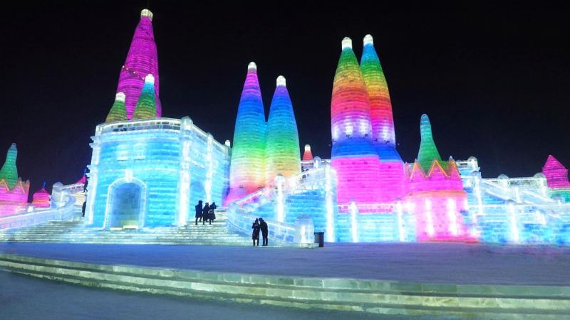 Illuminated ice buildings in China.