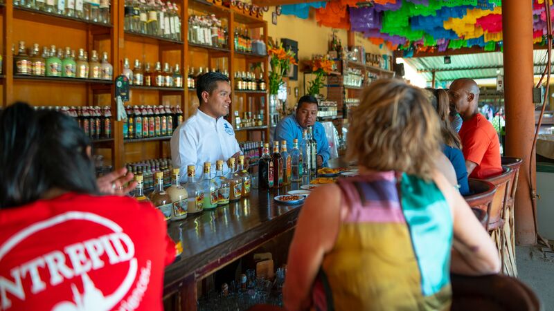 A group of travellers in a mezcaleria