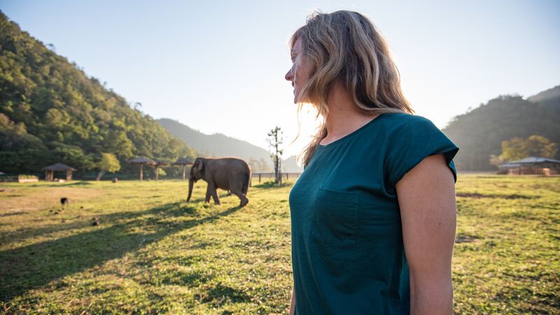 A woman watches an elephant at a sanctuary in Thailand