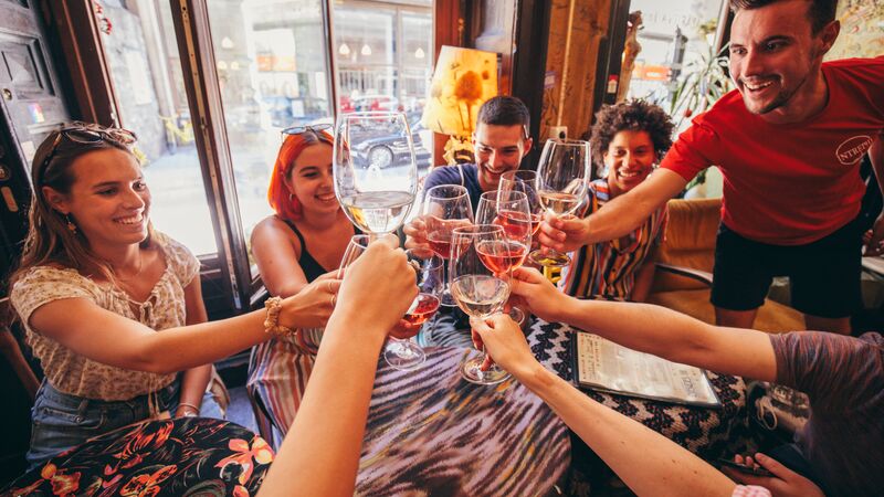 People clinking their wine glasses in Hungary