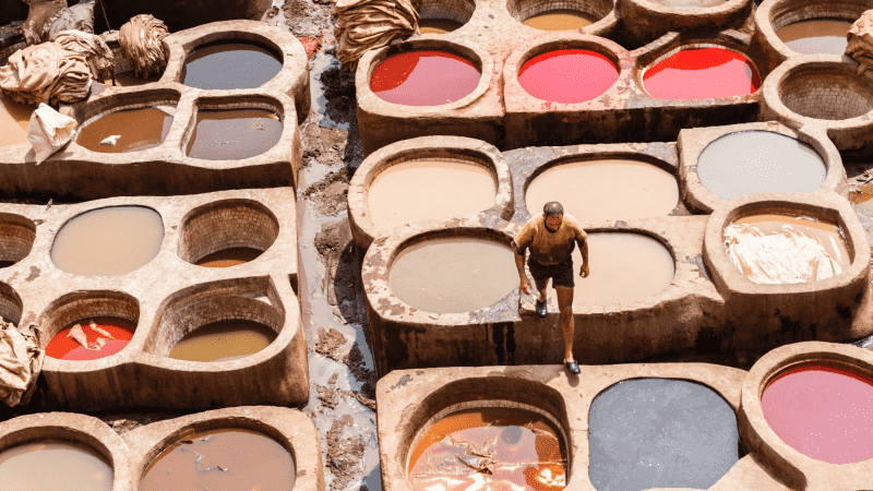A local man working at a tannery in Fes, Morocco