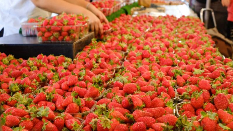 A market stall selling strawberries