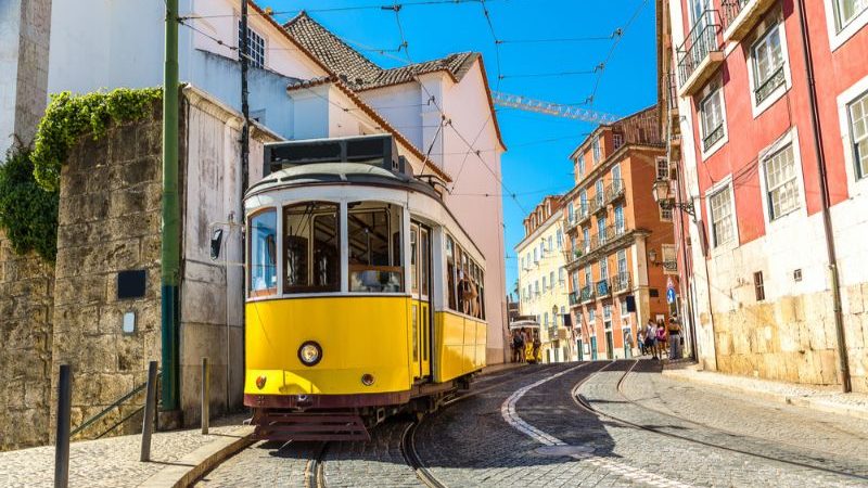 A yellow tram in Lisbon.