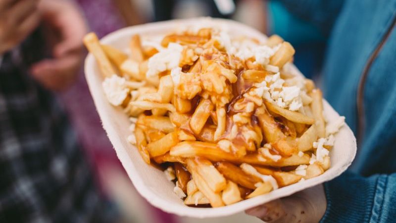 A person holds a plate of fries with cheese and gravy.