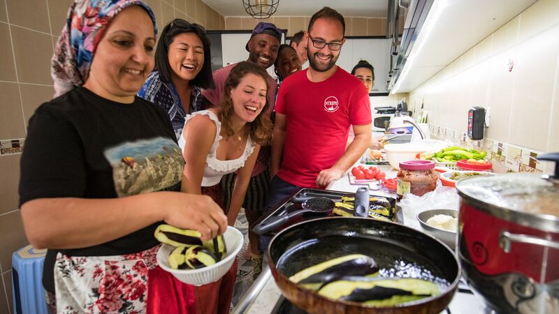 Group of people at a cooking class at a persons home in Turkey