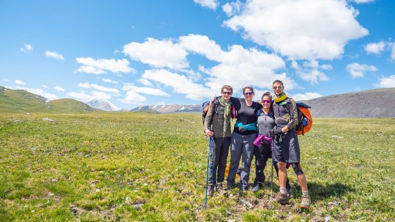 A small group of hikers in Mongolia