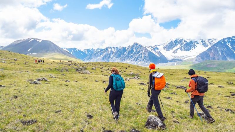 Travellers hiking in Mongolia