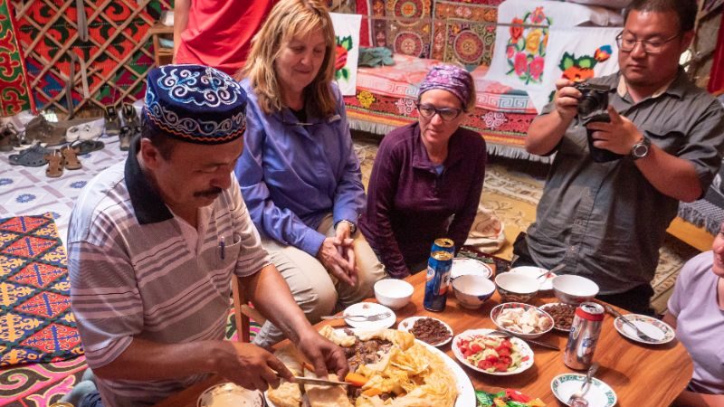 A traditional Kazakh dinner in a ger in Mongolia