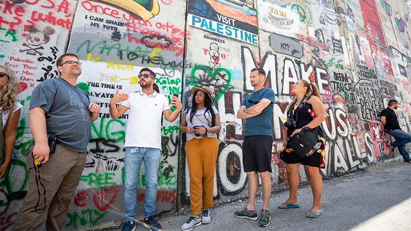 Outside the Walled Off Hotel in Bethlehem. Photo by Justin Meneguzzi.