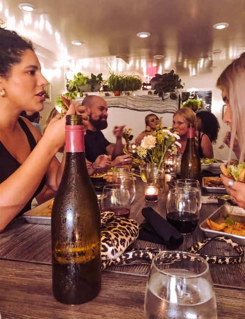 A group of people having dinner