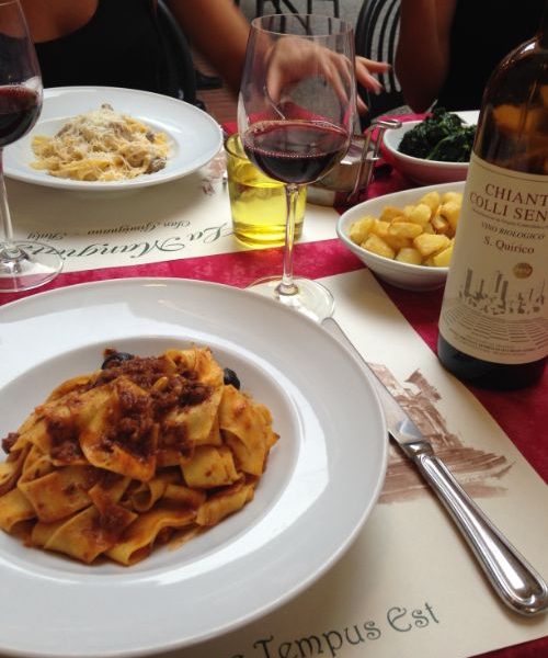 Plates of pasta, glasses of wine.